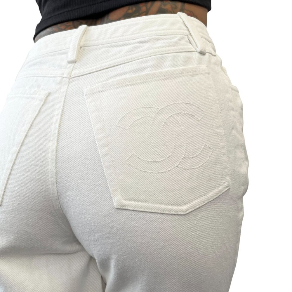 CHANEL Vintage 97C CC Logo Denim Pants #38 White Silver Cotton Stitch [105646]